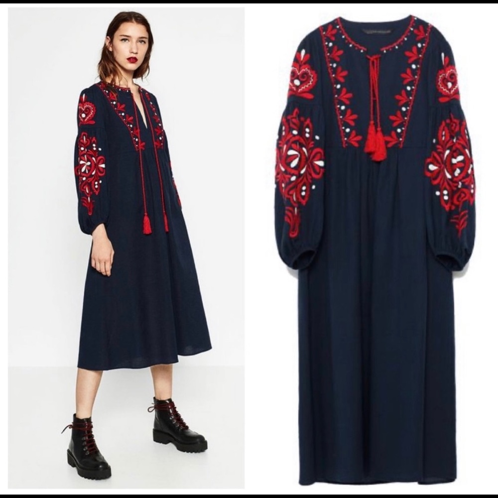 Zara Navy Embroidered Bohemian Dress
